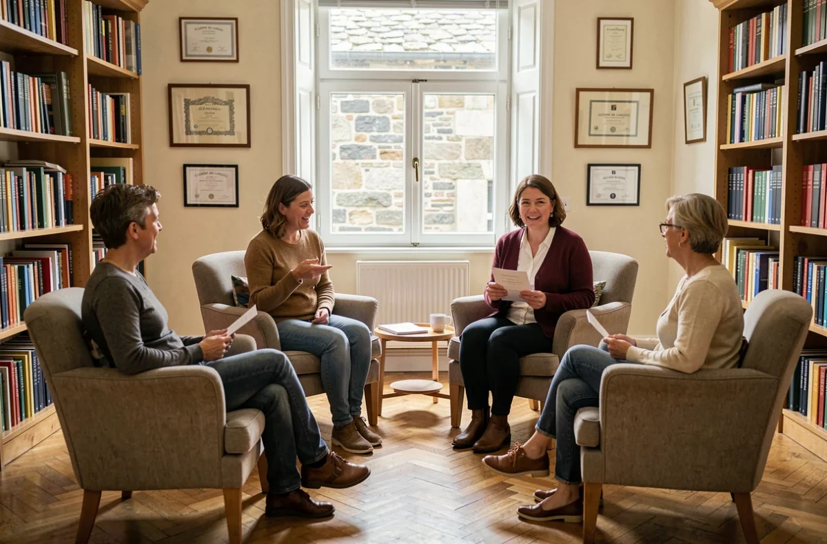 Petit groupe d'adultes en cours de langue à l'Académie des Langues de Caen, dans une salle chaleureuse avec une enseignante expérimentée