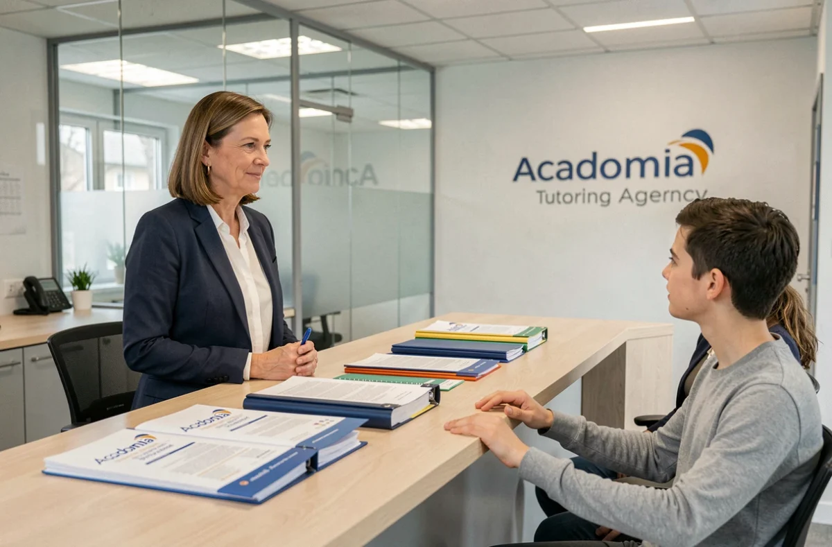 Conseillère Acadomia accueillant un élève et ses parents dans une agence du Nord