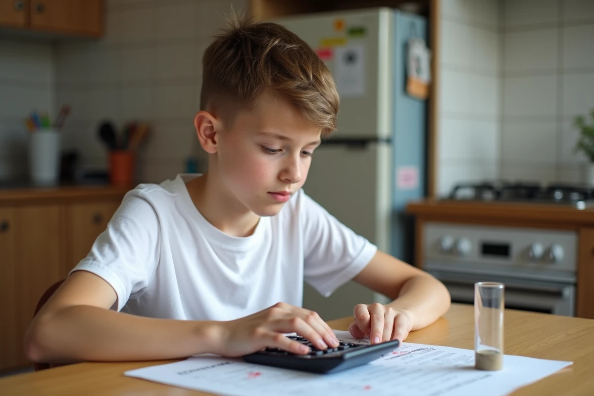 Adolescent faisant ses devoirs de maths sur le calcul du volume d'un cylindre en litres avec une calculatrice scientifique dans une cuisine