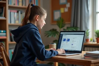 Adolescente consultant son livret scolaire en ligne sur LSU depuis son bureau à la maison