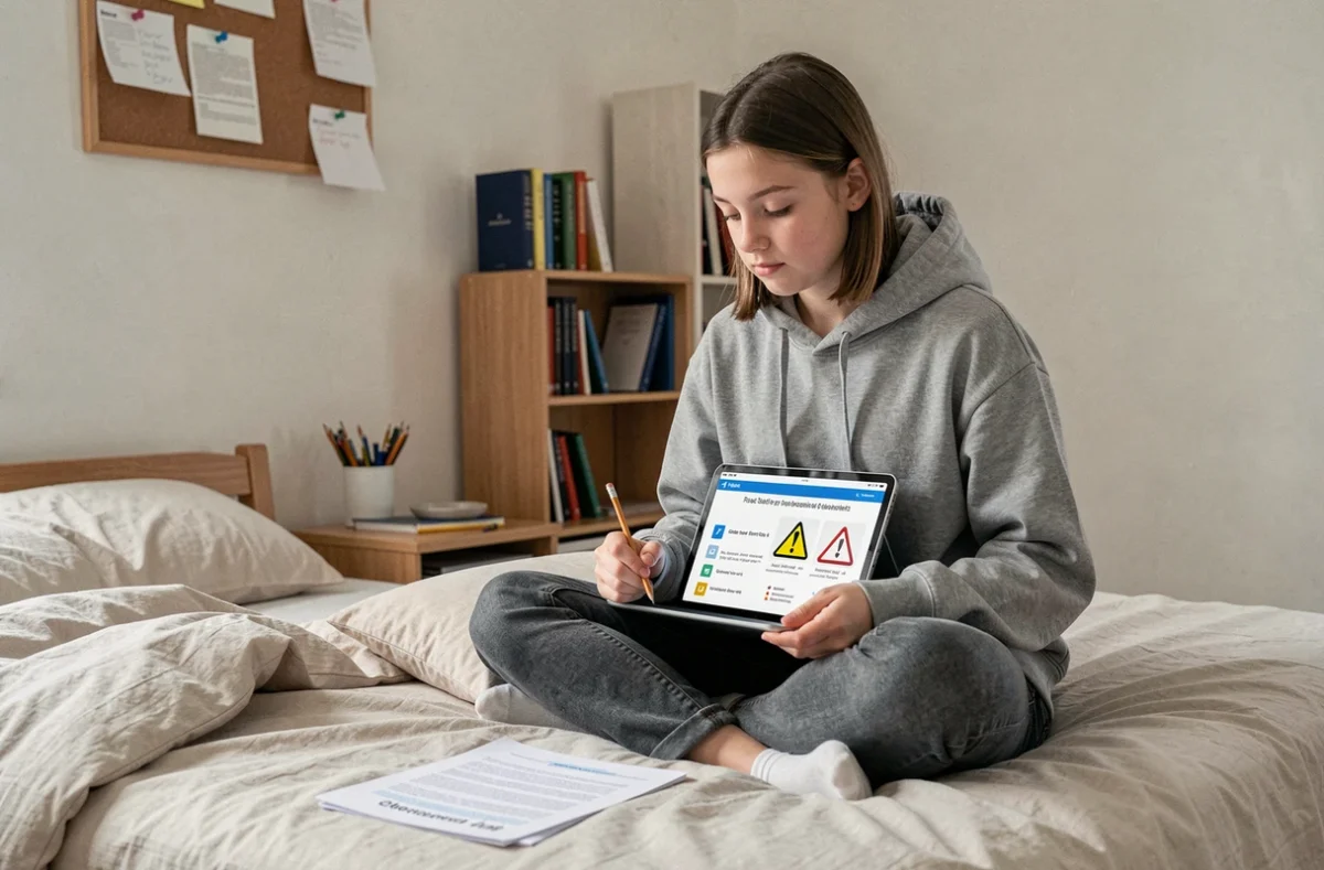 Adolescente révisant seule l'ASSR sur une tablette dans sa chambre avec des fiches de cours