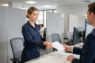 Jeune femme agent de la fonction publique à un bureau administratif remettant des documents à un collègue