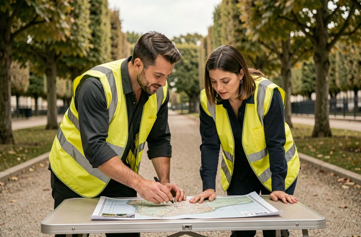 Agents municipaux en gilets de sécurité consultant un plan dans un parc urbain français