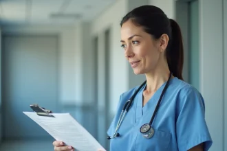 Aide-soignante consultant le nouveau référentiel de compétences 2026 dans un couloir d'hôpital