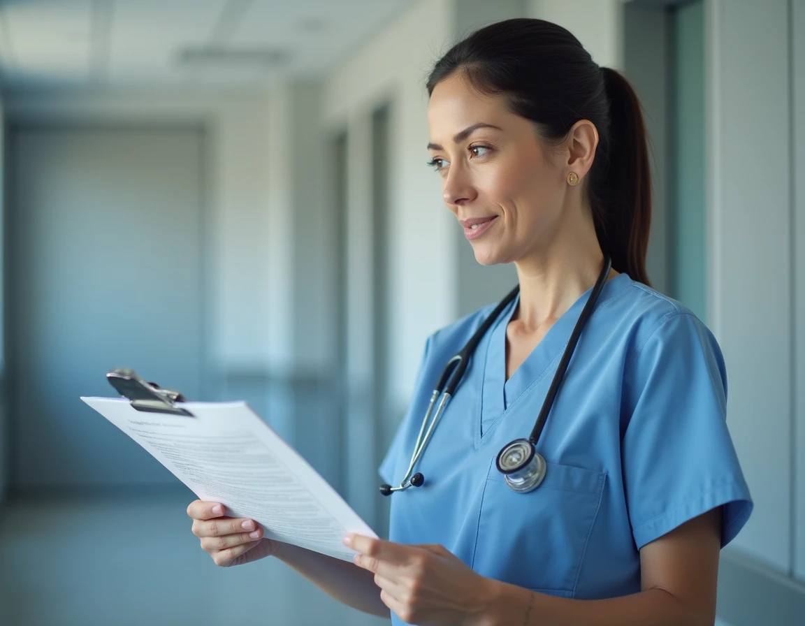Aide-soignante consultant le nouveau référentiel de compétences 2026 dans un couloir d'hôpital