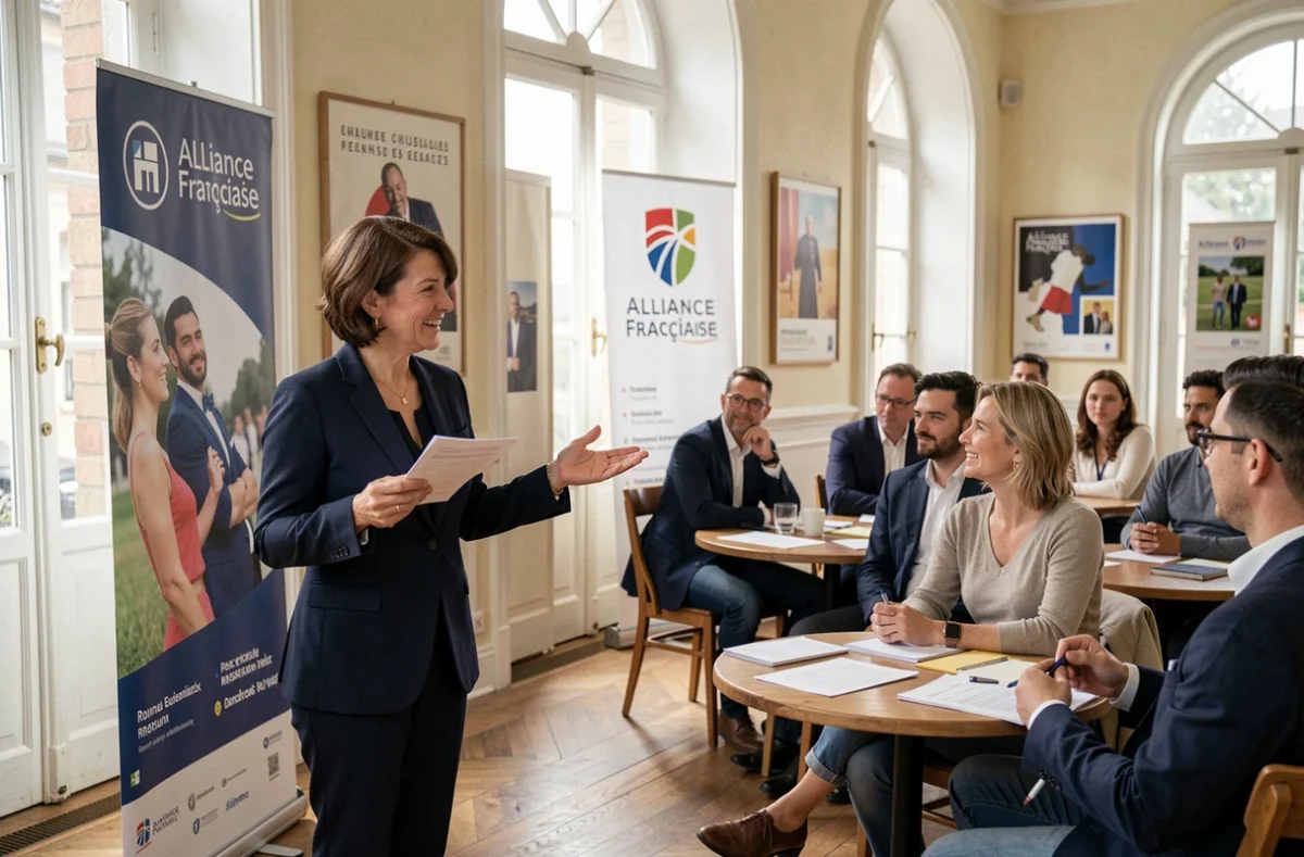 Enseignante de l'Alliance Française de Normandie accueillant des étudiants adultes dans une salle de cours culturelle ornée de l'emblème de l'institution