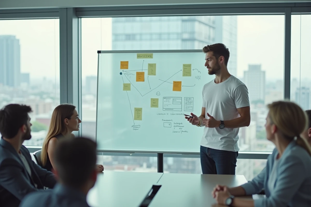 Étudiant en alternance présentant un projet d'innovation UX dans une salle de réunion tech
