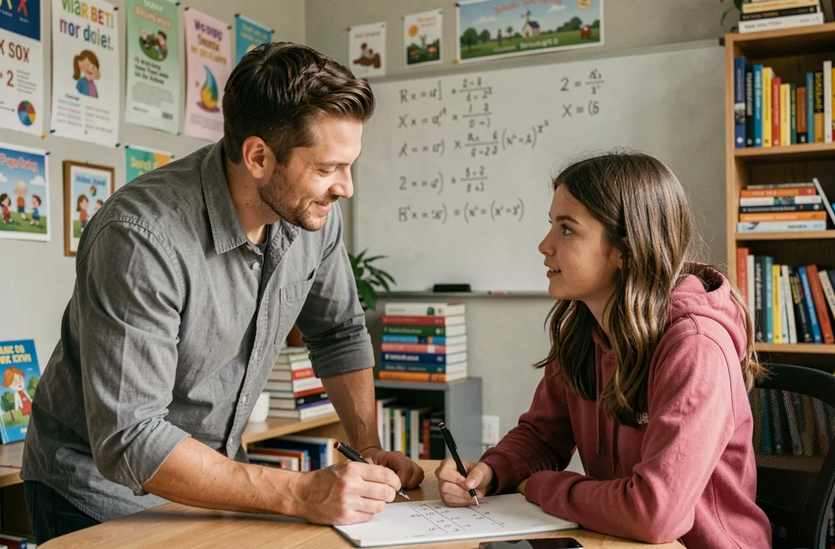 Un tuteur d'Anacours Val-de-Marne explique des exercices de mathématiques à une lycéenne