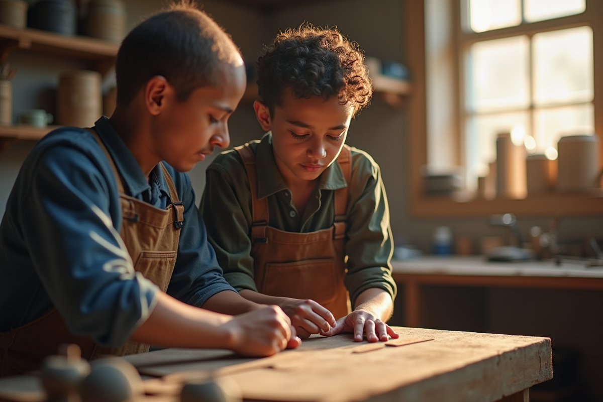 Artisan enseignant un apprentissage dans un atelier lumineux