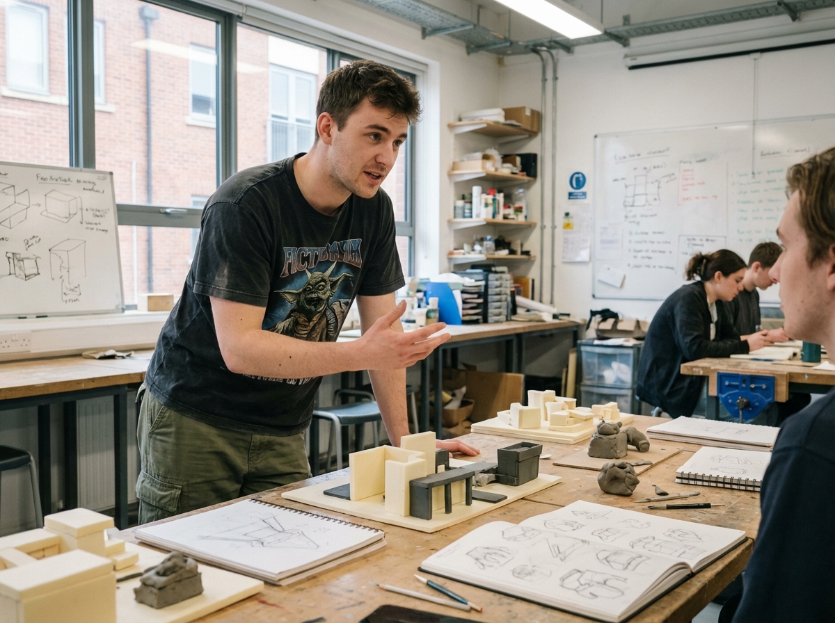 Jeune homme discutant avec un camarade dans un atelier créatif