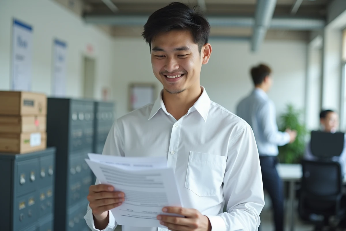 Jeune diplômé tenant une attestation universitaire imprimée depuis le portail ECampus dans un bureau administratif