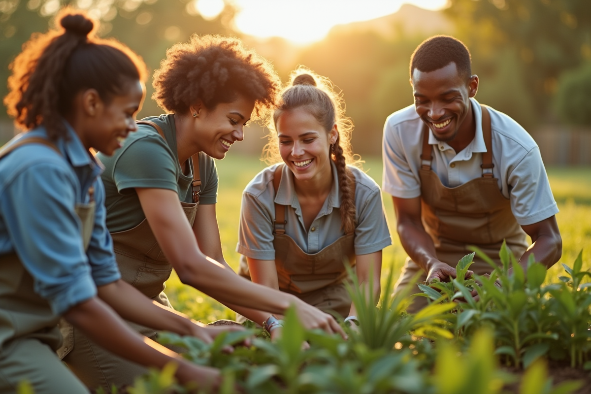 Bénévoles divers travaillant ensemble en extérieur avec outils et plantes