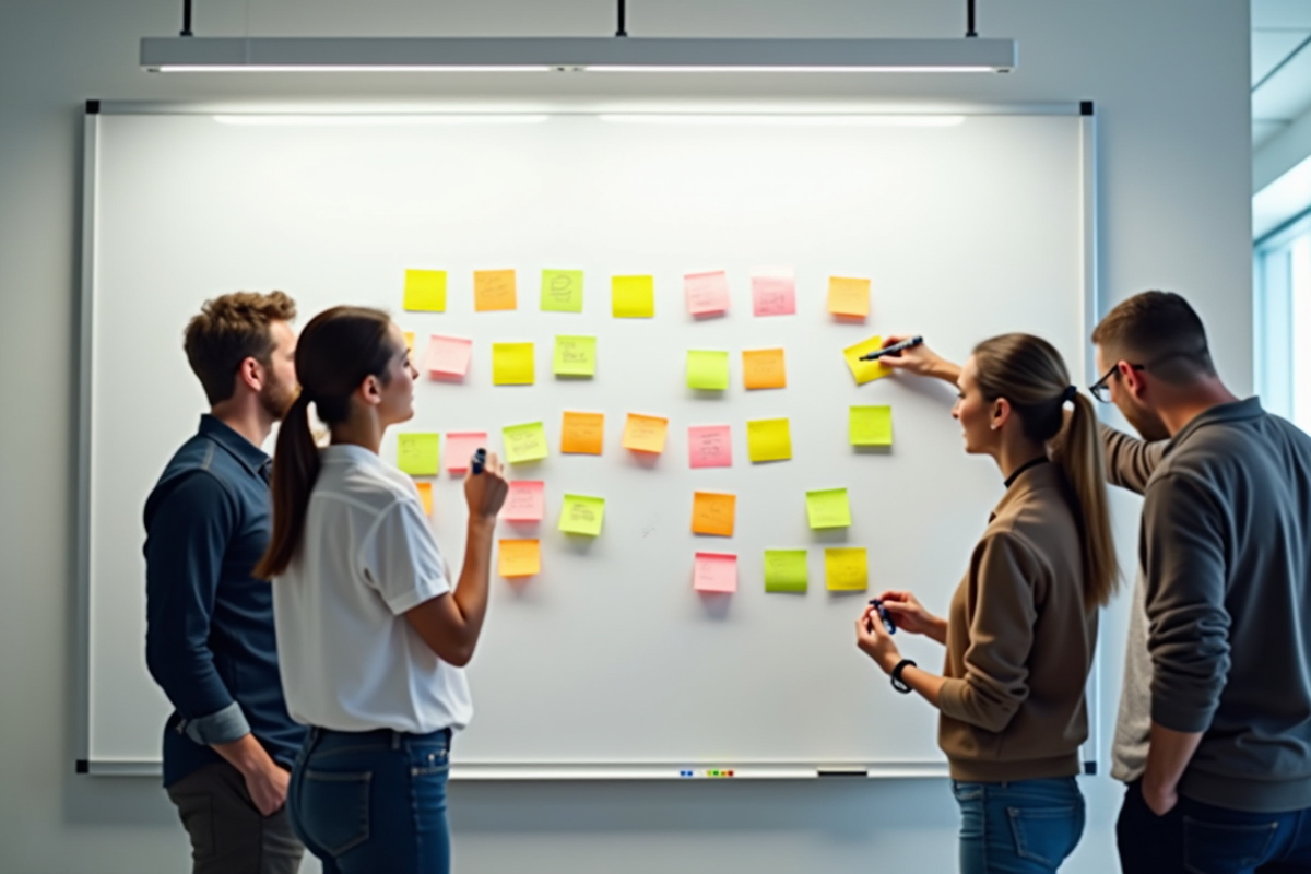 Groupe de personnes en réunion avec tableau blanc