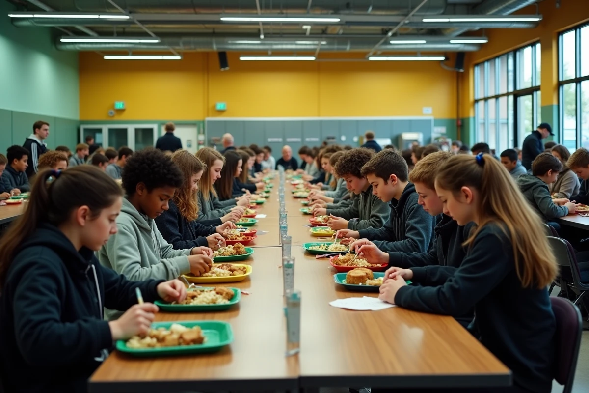 Cantine scolaire bondée d'un grand lycée français avec des rangées de tables remplies d'élèves adolescents mangeant le déjeuner dans un vaste réfectoire institutionnel