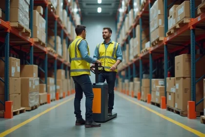 Cariste en entrepôt logistique conduisant un transpalette électrique CACES 1 dans une allée de stockage industriel