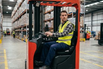 Cariste professionnel certifié CACES assis dans un chariot élévateur à l'intérieur d'un entrepôt logistique industriel