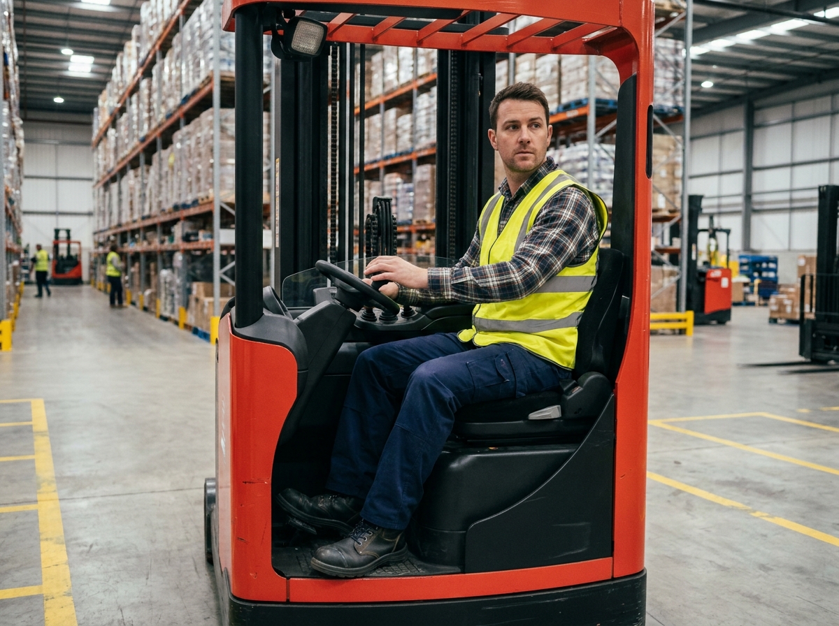 Cariste professionnel certifié CACES assis dans un chariot élévateur à l'intérieur d'un entrepôt logistique industriel
