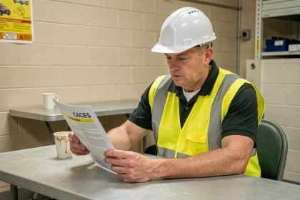 Cariste en gilet haute visibilité consultant un document sur la formation CACES 5 dans une salle de pause industrielle