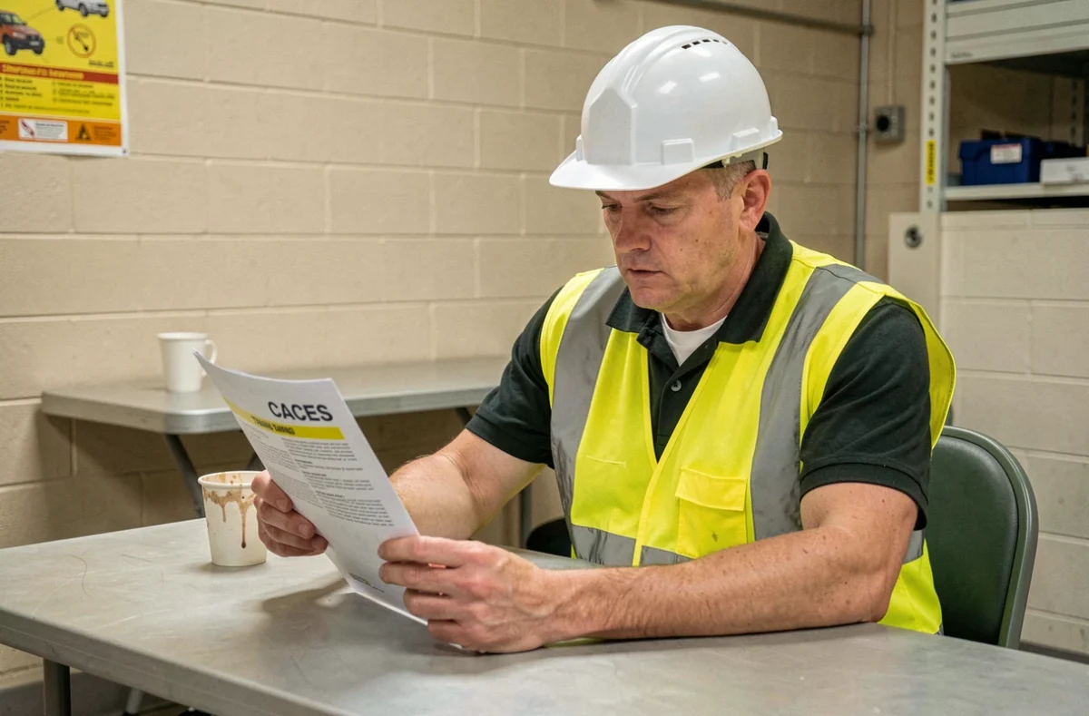 Cariste en gilet haute visibilité consultant un document sur la formation CACES 5 dans une salle de pause industrielle