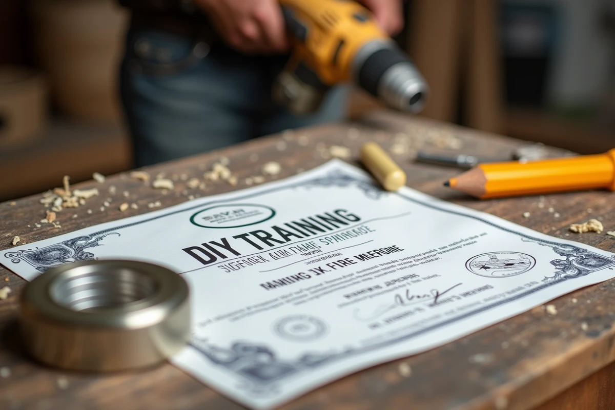 Certificat de formation bricolage posé sur un établi avec outils de mesure, vue éditoriale détaillée
