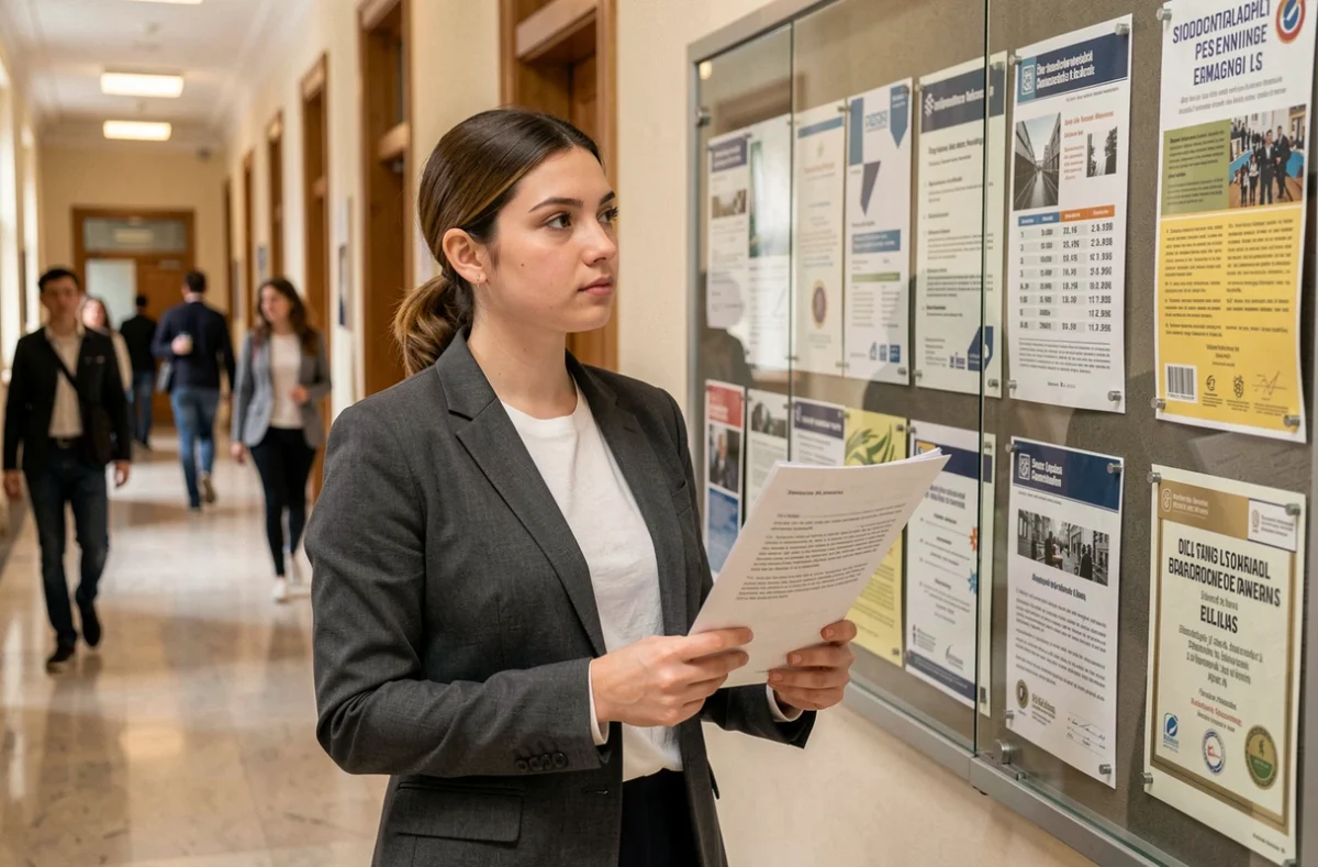 Jeune femme étudiant les critères de classement des grandes écoles d'ingénieurs françaises dans un couloir universitaire