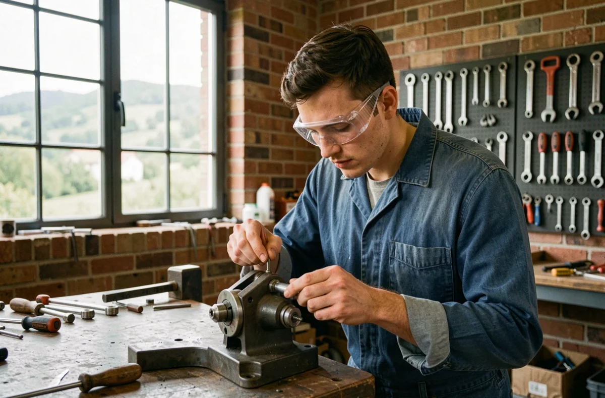 Apprenti artisan en alternance assemblant une pièce mécanique dans un atelier de formation de Muret, sud de la Haute-Garonne, au CMA Formation Muret