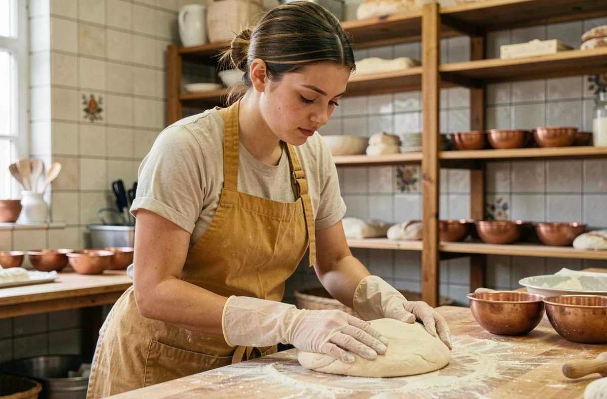 Apprentie artisane en alternance pétrit de la pâte dans une cuisine de formation aux métiers de l'artisanat au CMA Formation Toulouse-Centre