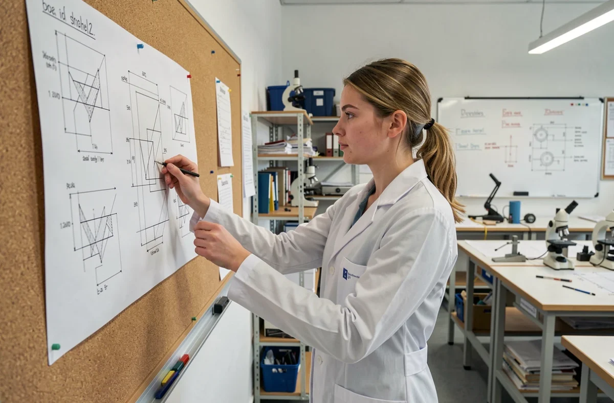 Étudiante en alternance examinant un schéma technique dans une salle de formation des filières techniques au CMA Formation Toulouse-Rangueil