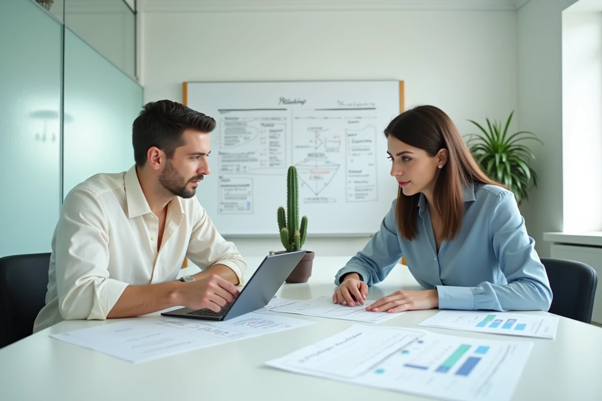 Deux professionnels collaborant sur la stratégie emailing d'un lancement de formation en salle de réunion