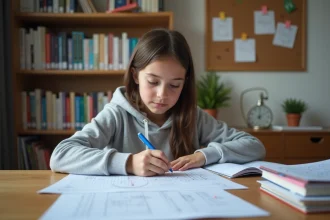 Collégienne calculant le volume d'un cylindre en litres sur une feuille de papier millimétré posée sur un bureau en bois