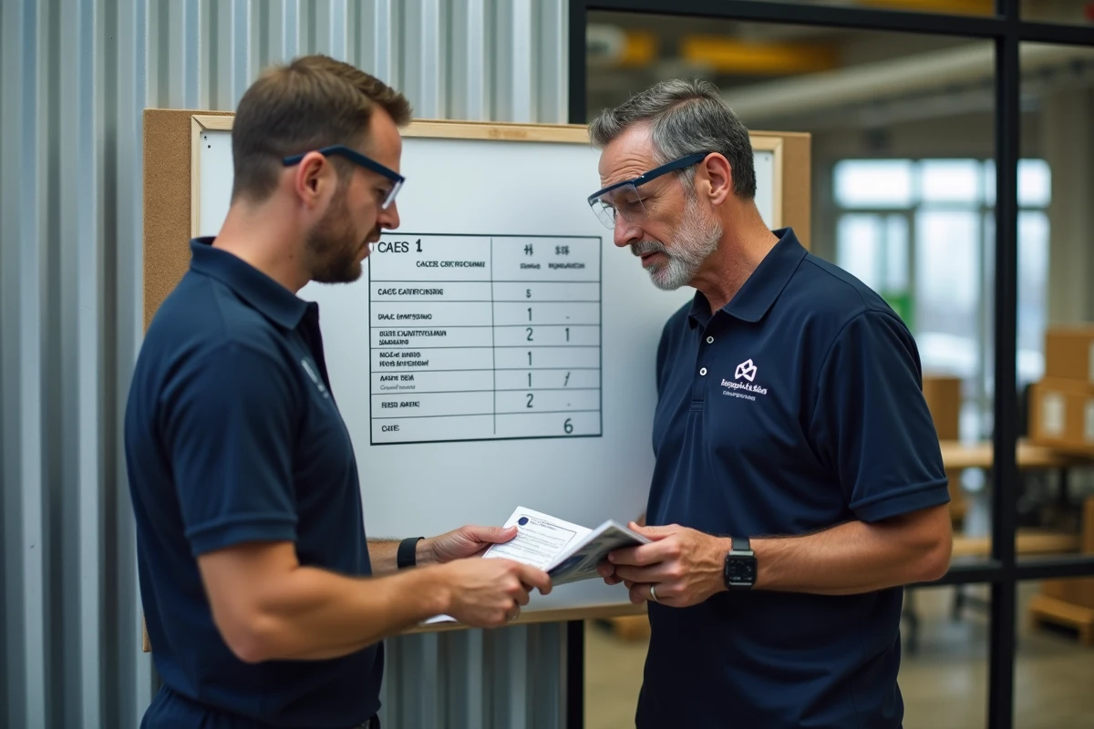 Deux professionnels de la logistique comparant les certifications CACES 1 et CACES 3 devant un tableau de planification en entrepôt