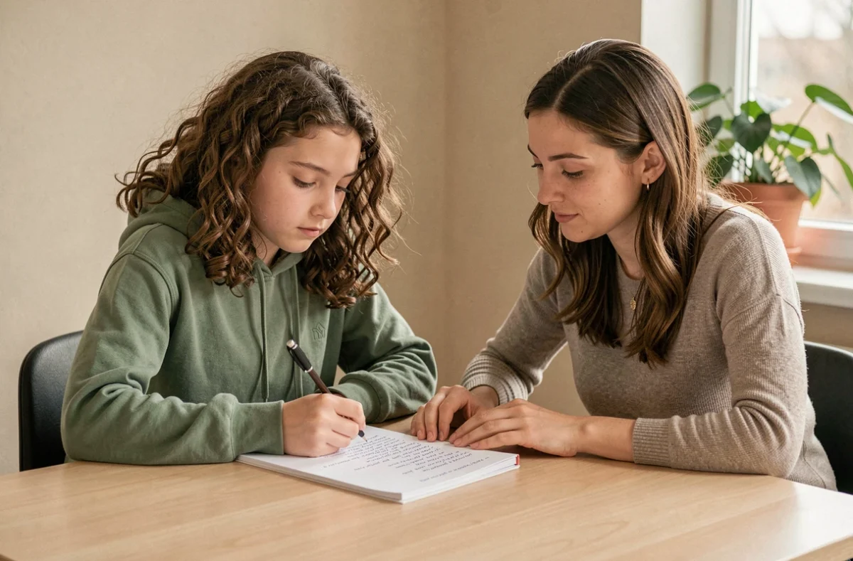 Une élève travaille en tête-à-tête avec sa tutrice de Complétude dans un espace d'accompagnement scolaire calme