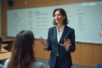 Femme confiante en universite lors d&rsquo;un discours