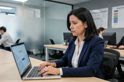 Femme cadre en blazer marine face à un problème de connexion sur le portail métier 76 depuis son bureau administratif
