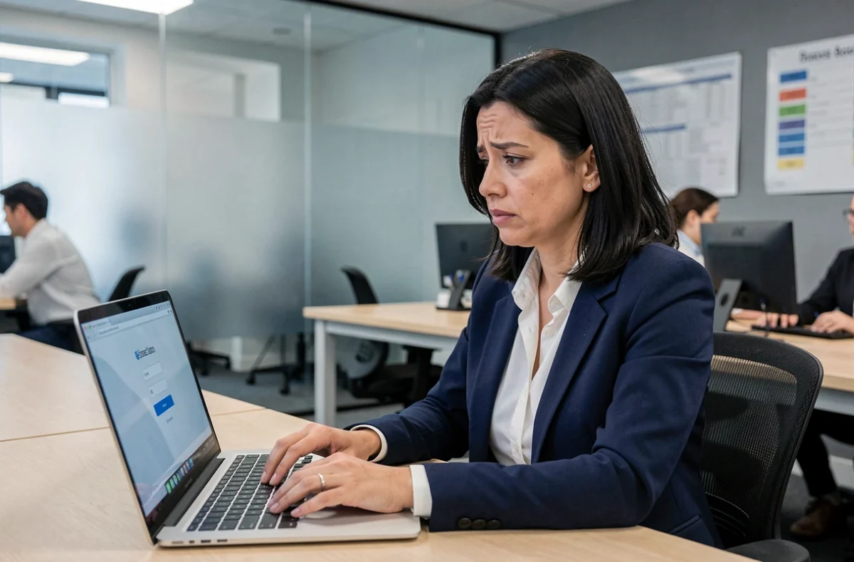 Femme cadre en blazer marine face à un problème de connexion sur le portail métier 76 depuis son bureau administratif