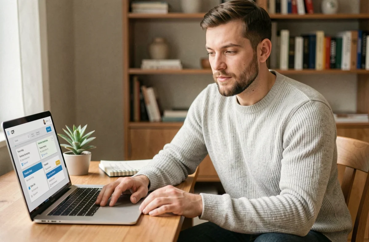 Jeune homme consultant son compte CPF sur ordinateur pour financer une formation CACES 5 depuis son bureau à domicile