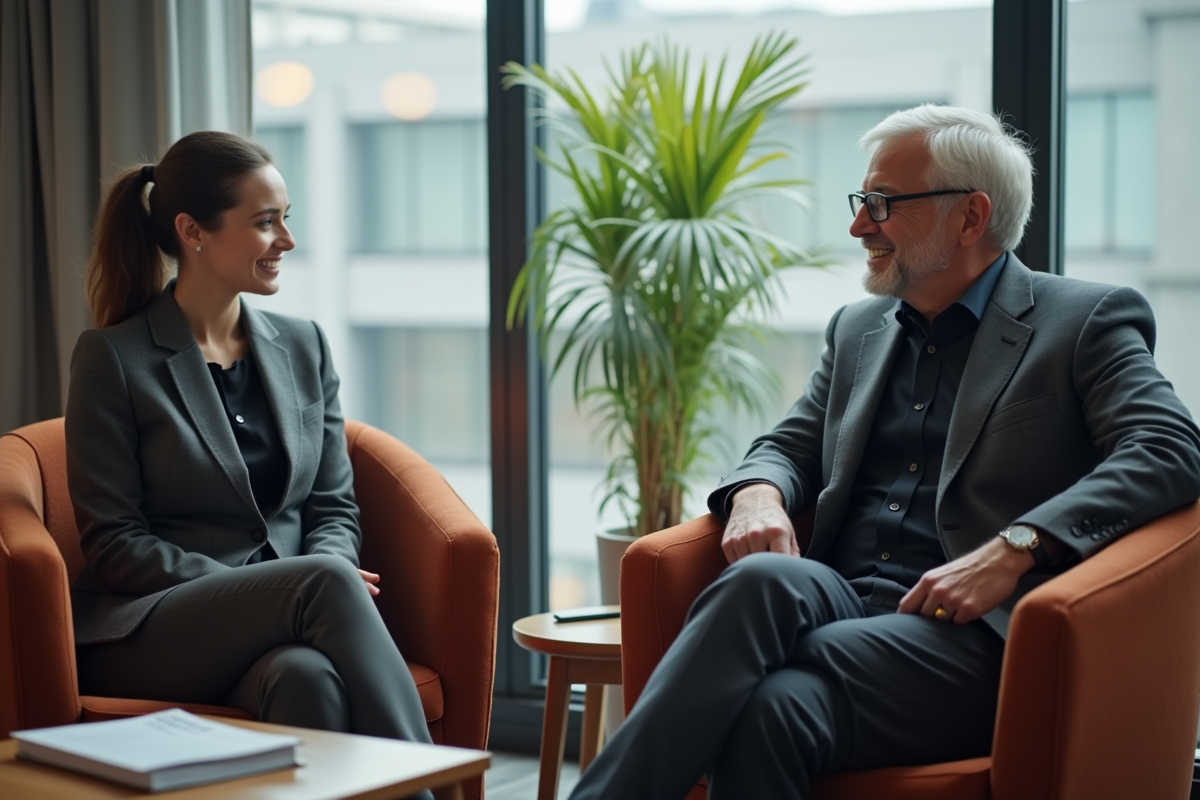 Femme et homme discutant dans un espace lounge d