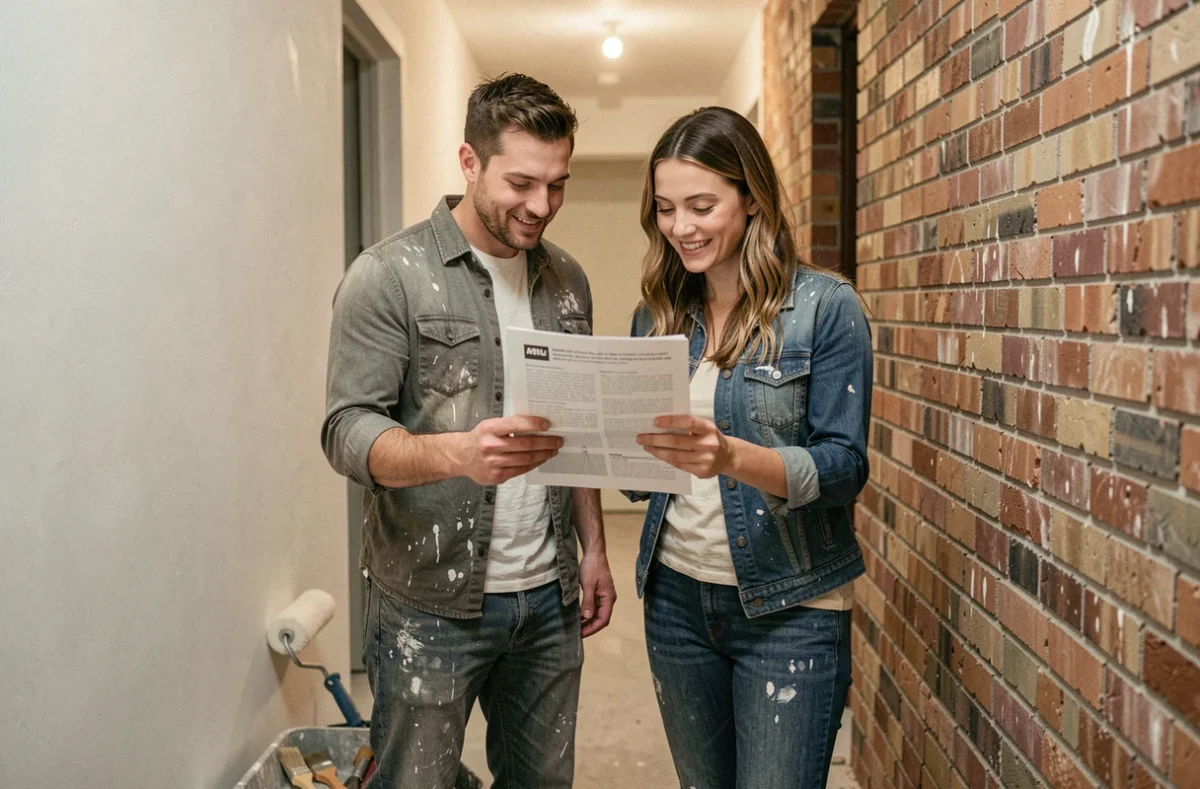 Couple de jeunes adultes lisant des instructions de bricolage ensemble dans le couloir de leur premier appartement en rénovation
