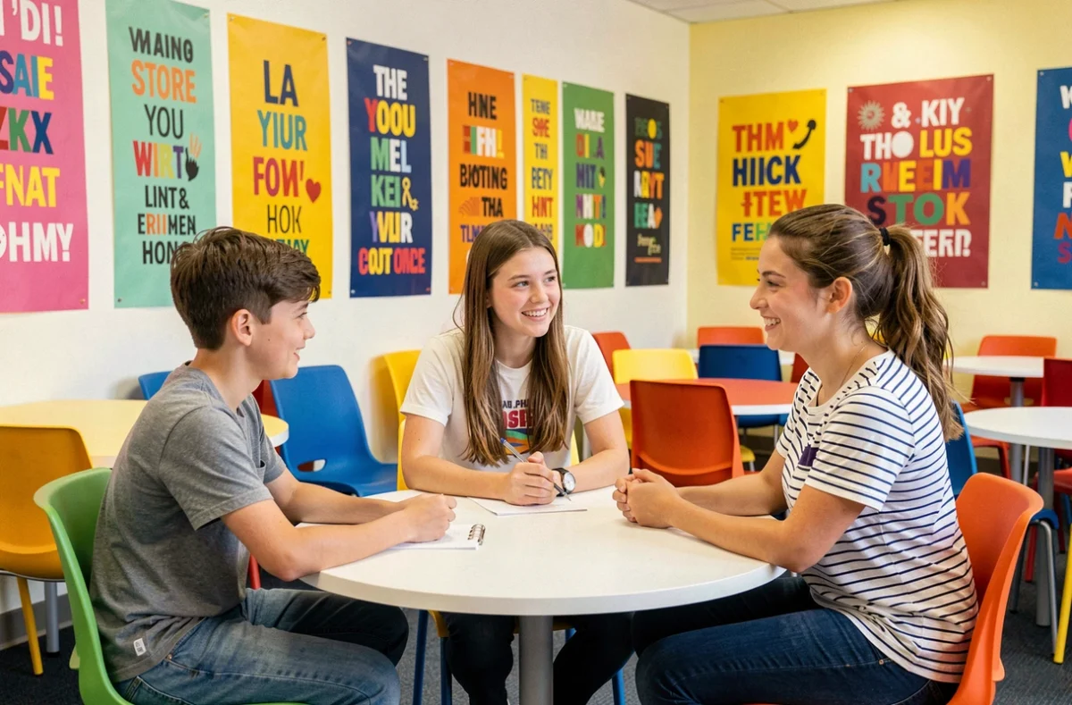 Des adolescents participent à un atelier de révision animé par une tutrice de Cours Ado dans un centre jeunesse coloré