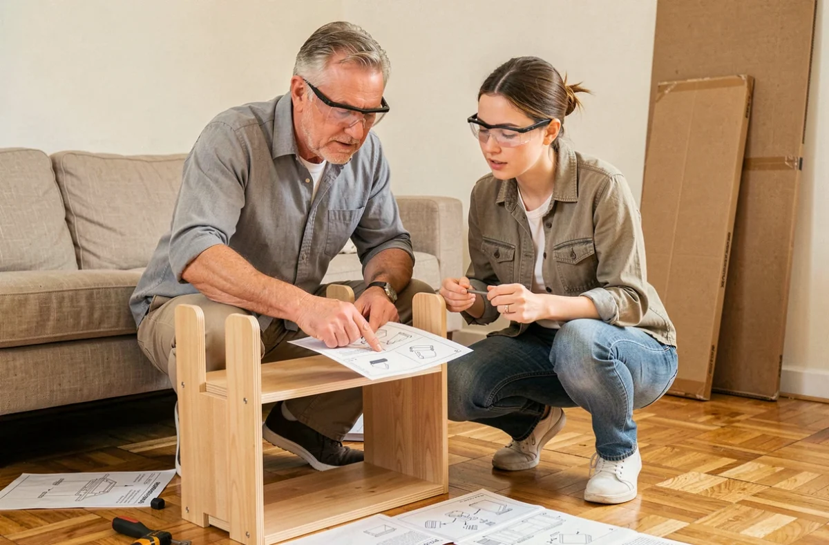 Deux personnes assemblant un meuble en bois ensemble lors d'un atelier bricolage participatif