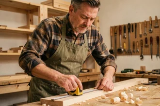 Homme en tablier de bricolage mesurant une planche en bois dans un atelier maison authentique