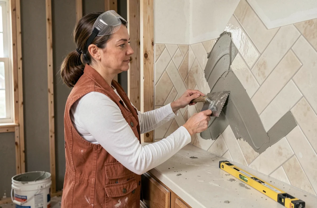 Femme posant du carrelage en cuisine lors d'un cours de rénovation bricolage à domicile