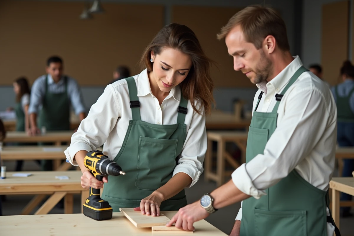 Femme assistant à un cours de bricolage en atelier professionnel avec un instructeur utilisant une perceuse