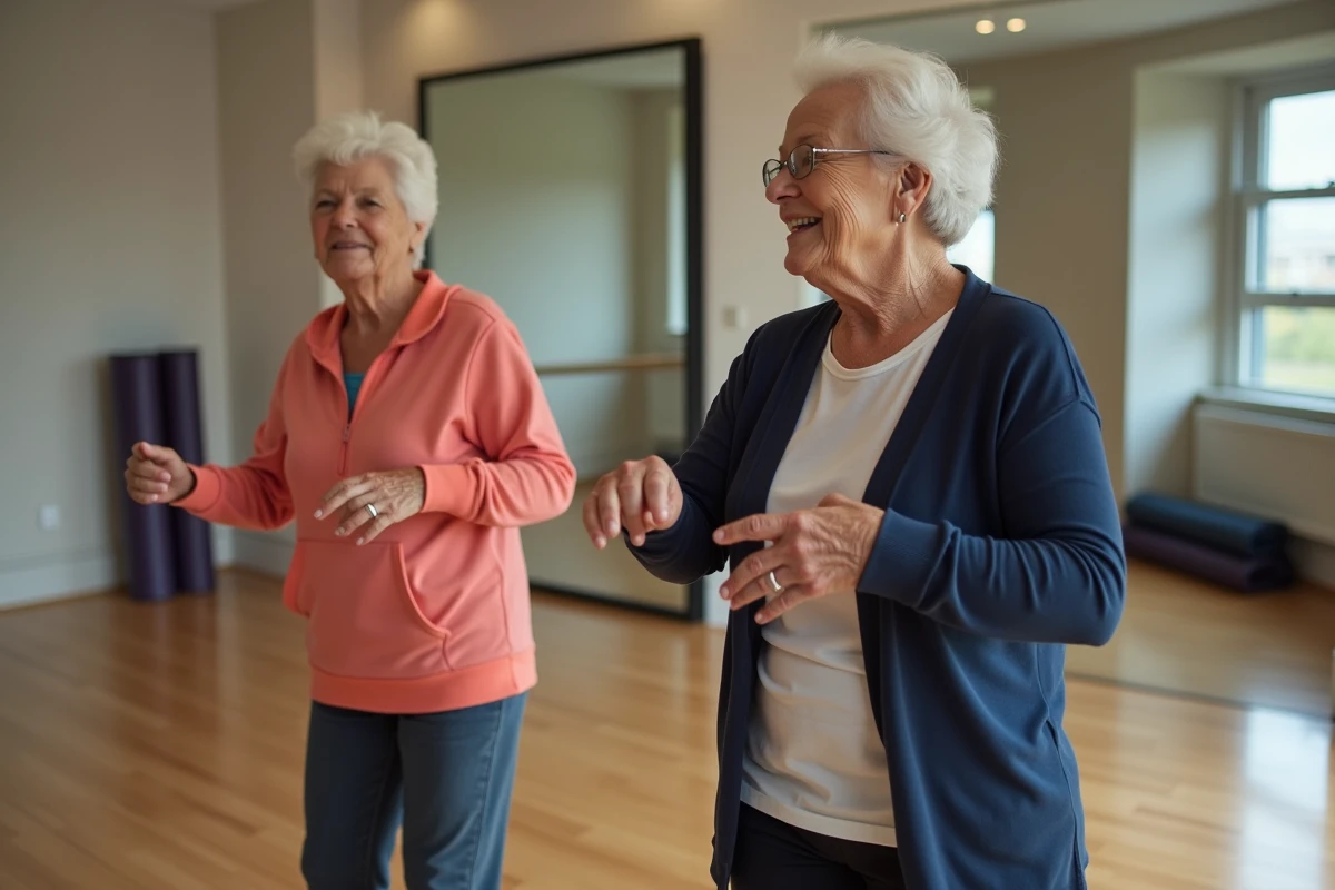 Deux femmes seniors participant à un cours de danse douce en salle communautaire avec des mouvements de hanches lents et coordonnés