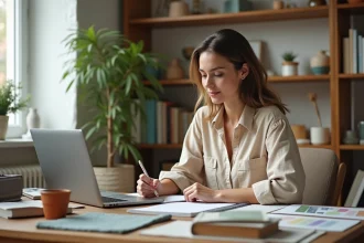 Femme suivant un cours de décoration intérieure en ligne depuis son bureau à domicile avec des échantillons de tissus et une palette de couleurs