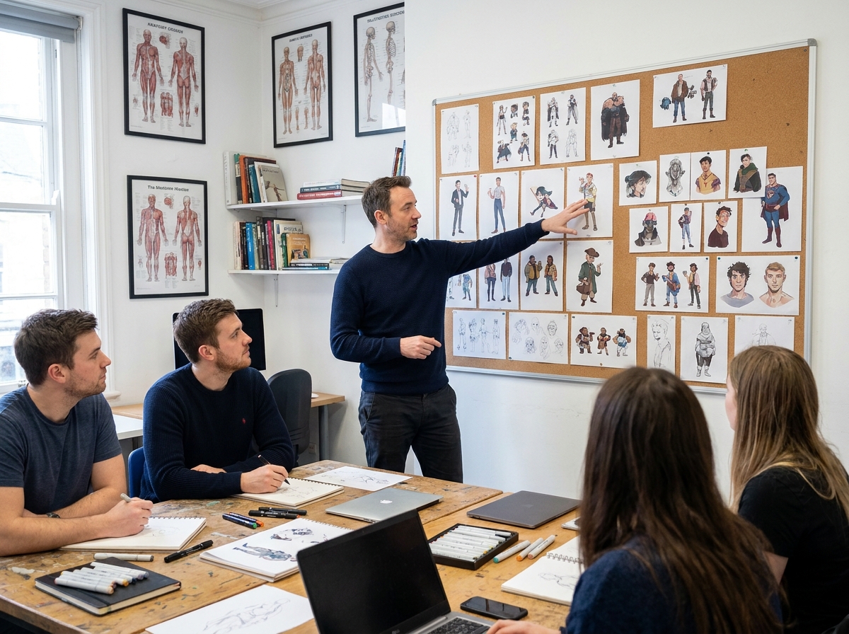 Professeur d'illustration donnant un cours devant un tableau d'affichage avec des impressions d'étudiants dans une école d'art