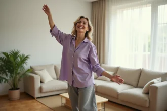 Femme d'âge moyen dansant doucement dans son salon avec des mouvements de bras fluides et une expression détendue