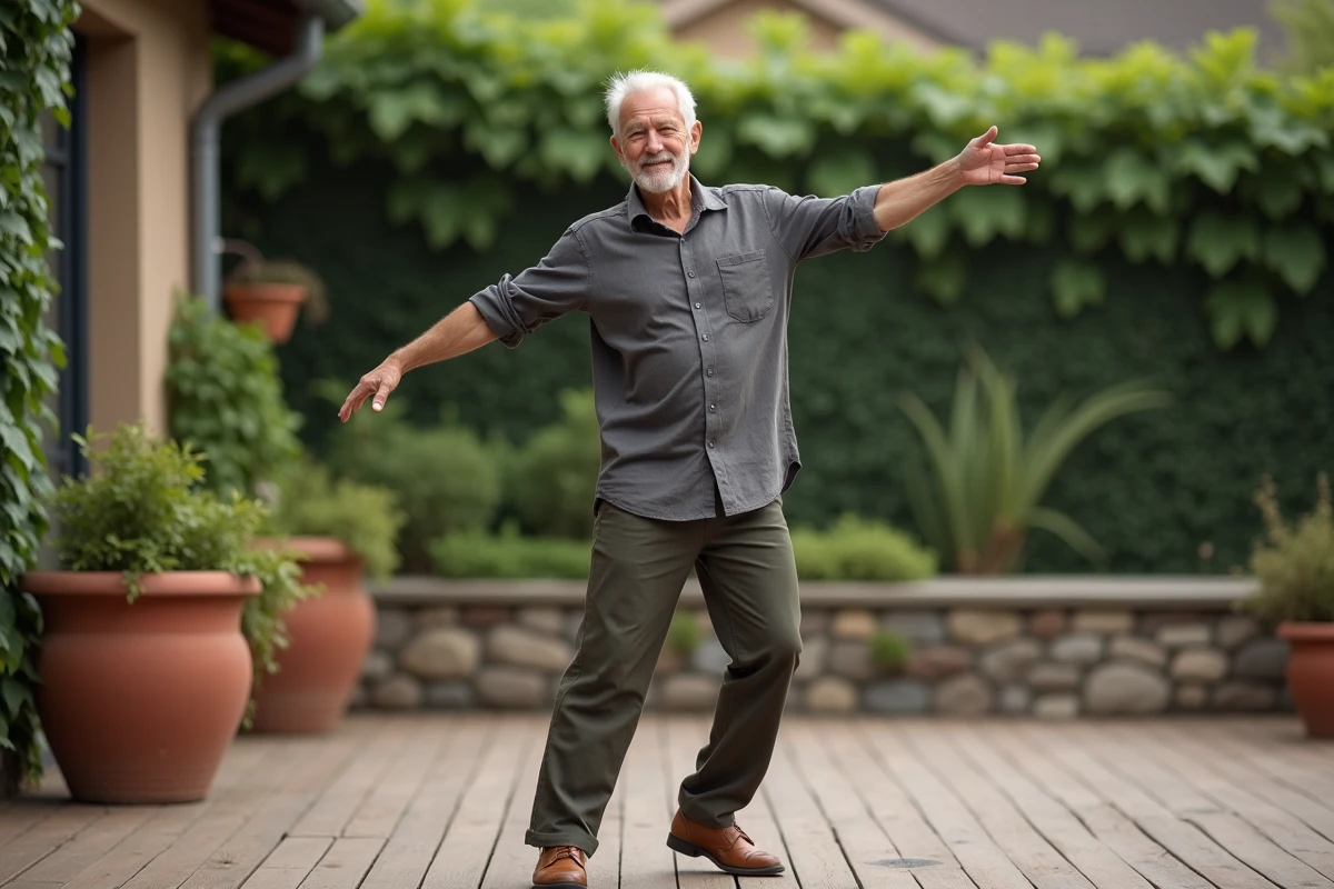Homme d'âge mûr pratiquant une chorégraphie douce sur une terrasse en bois entourée d'un jardin verdoyant