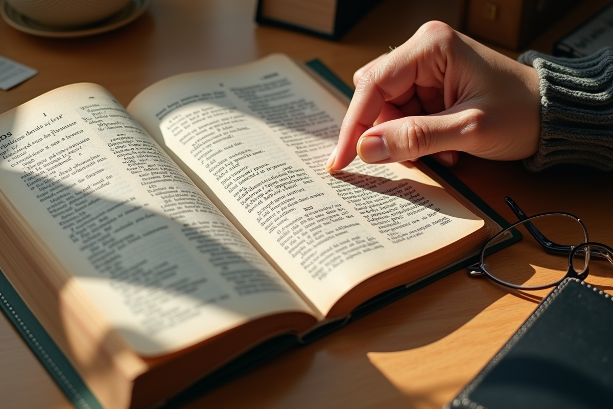 Dictionnaire français ouvert avec notes et lunettes sur bureau