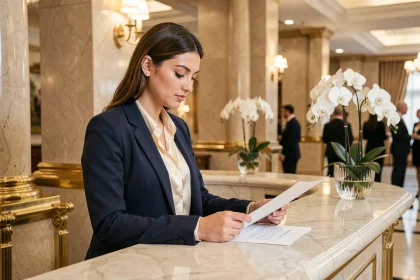 Jeune diplômée en tourisme travaillant à la réception d'un hôtel de luxe 5 étoiles après son BTS Tourisme
